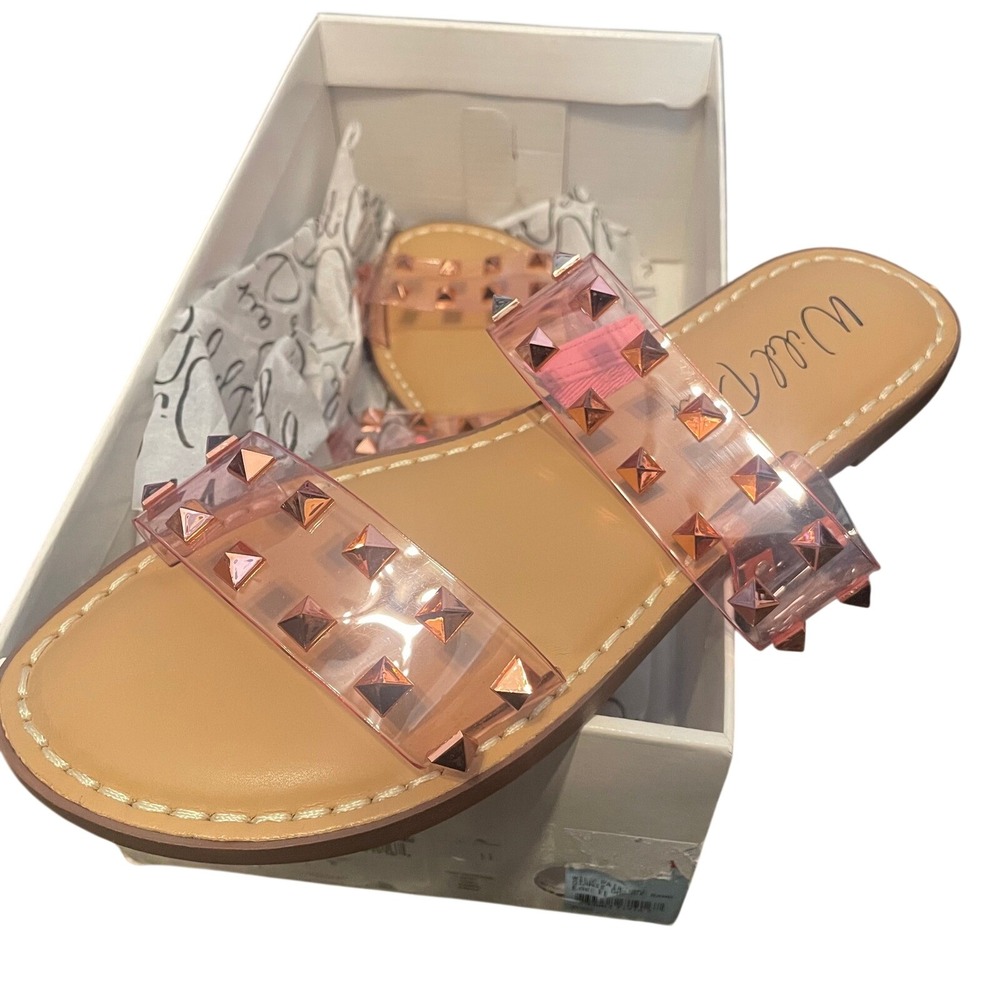 Wild Pair Ginniev Rose Gold Studded Clear Slide Sandals 7.5M New With Box